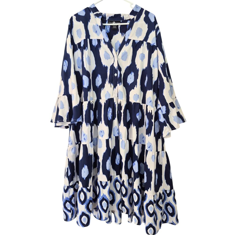 Ashley Stewart XXL Tiered Dress Bell Sleeve Ikat Print Career Business 2XL